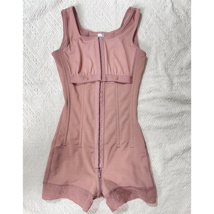 Rose full body shapewear bodysuit laid flat showing front hooks, chest snap panel and lace trimmed legs