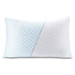 Rectangular memory foam bed pillow with a quilted cooling knit cover styled in a calm bedroom