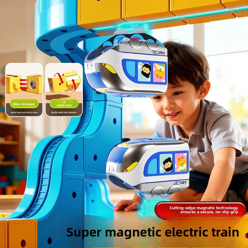 Two electric railcars gripping a magnetic block ramp that twists together from moulded plastic pieces