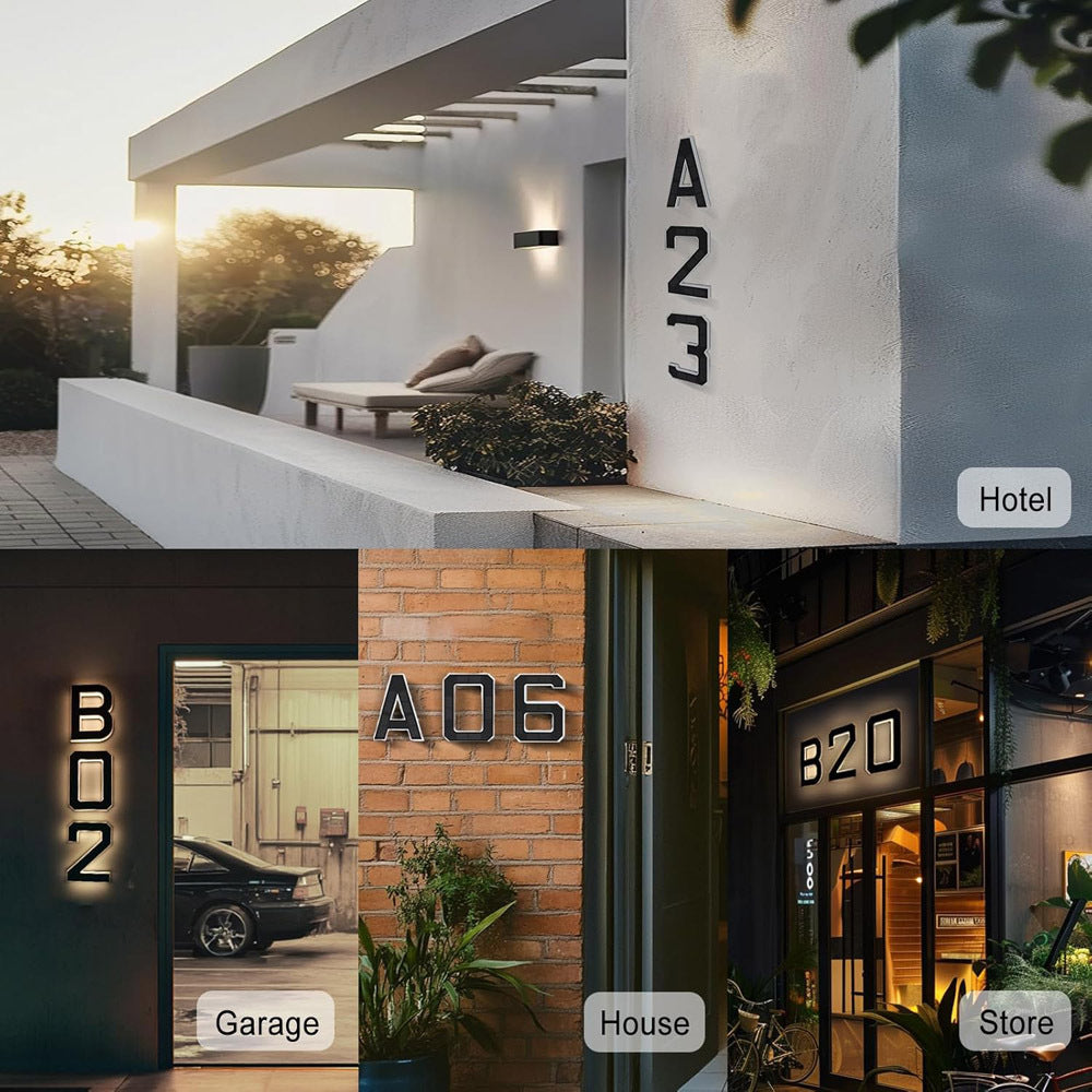 Illuminated black house number signs spelling unit codes on a hotel, garage, house and shop front