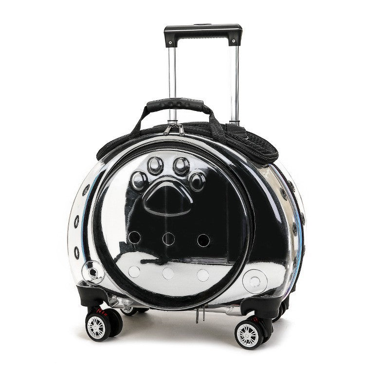 Transparent black pet carrier on wheels with a clear capsule shell, paw-print door and a black telescopic handle