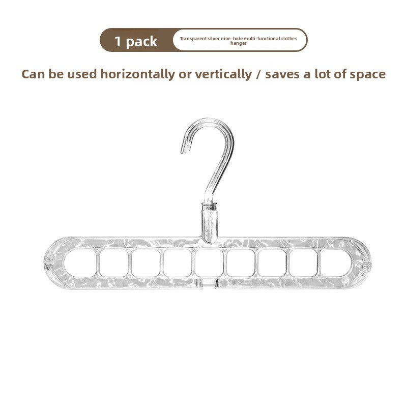 Transparent silver nine-hole clothes hanger single pack shown horizontally on a white background