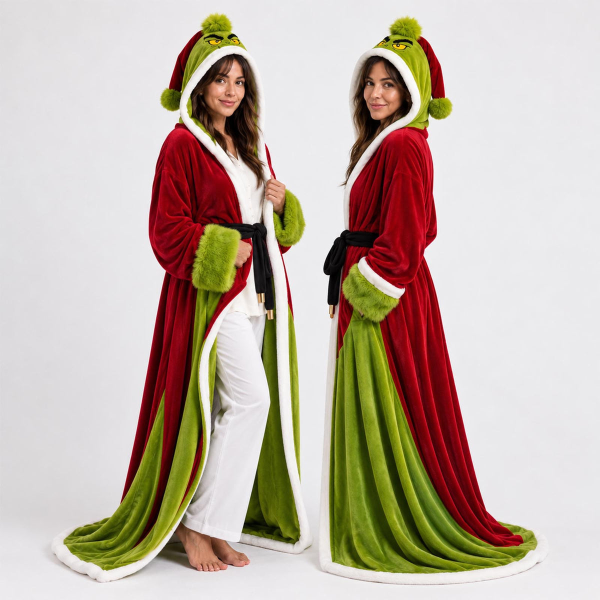 Two models showing the front and back of a long red hooded Christmas robe with green plush lining