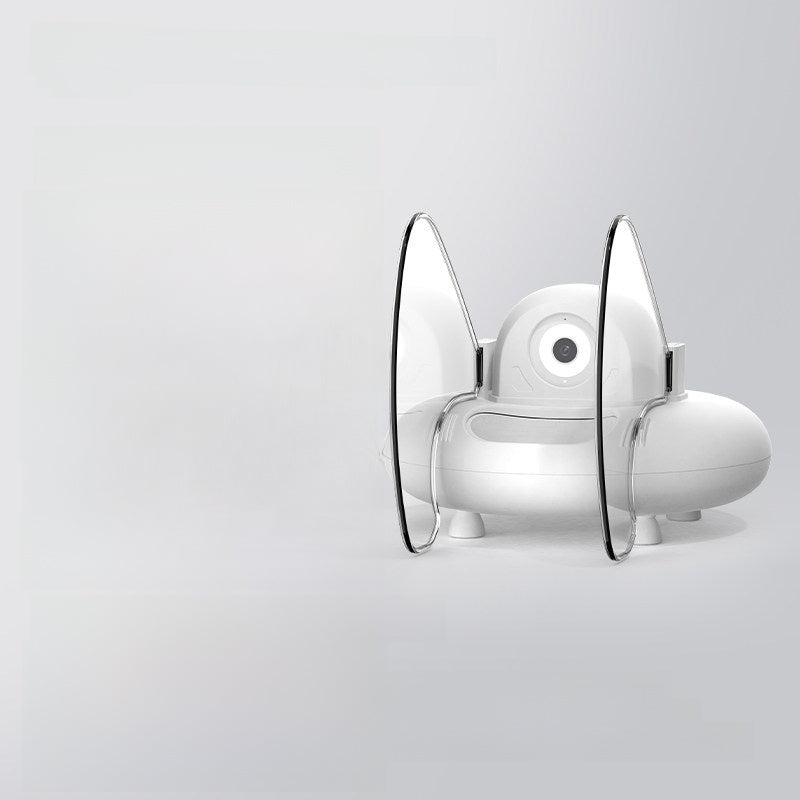 White round automatic cat feeder with camera dome and two clear shields on a light grey background, Standard 2 bowl option