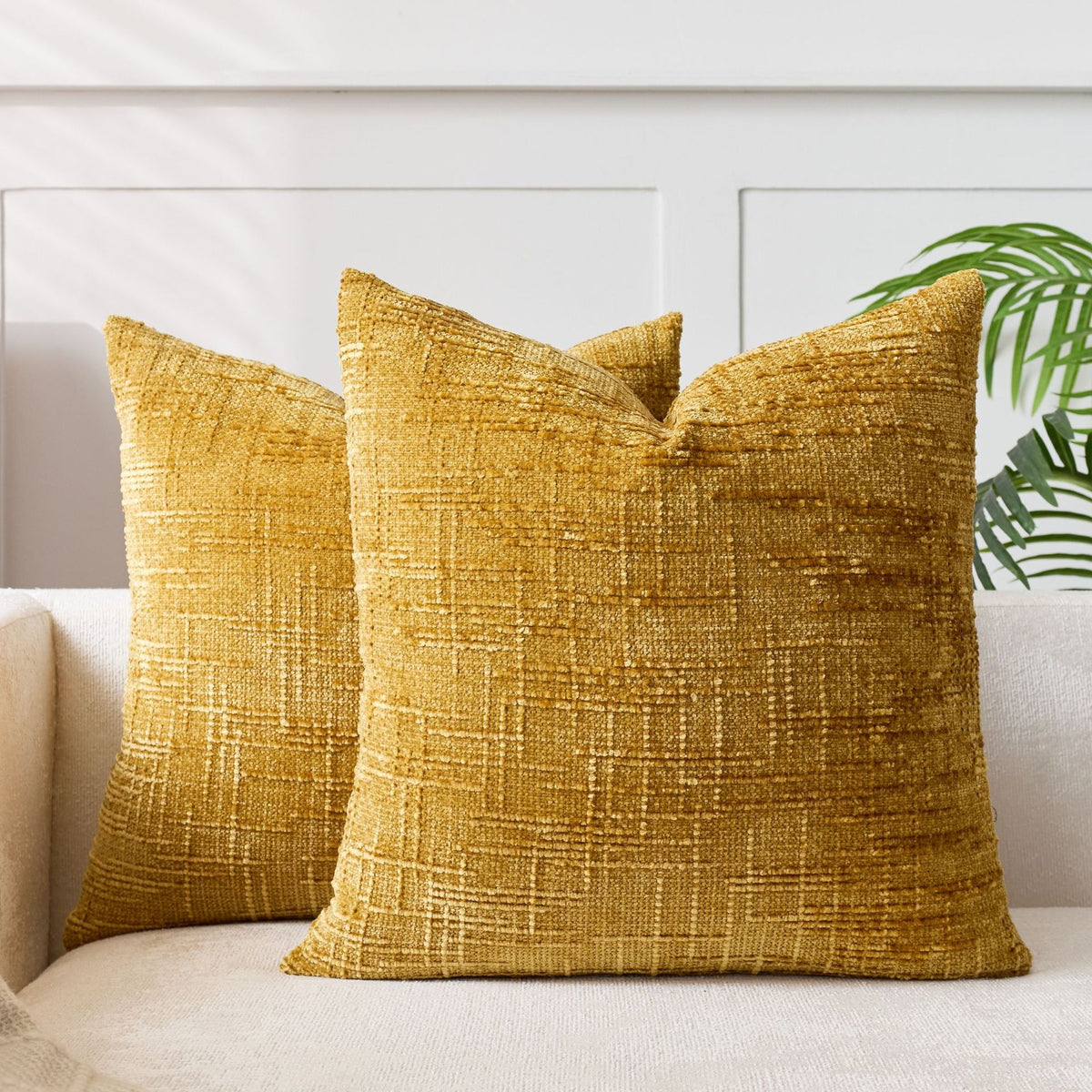 Decorative chenille throw pillow cover, plain dyed with a subtle woven grid texture across the front panel