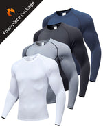 Four long sleeve compression shirts in white, gray, black and navy fanned out under a four-piece package label