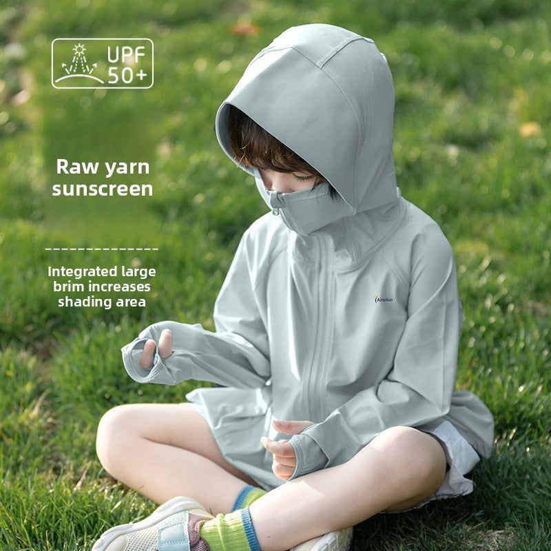 Children's UPF50 sun protection hooded jacket shown from the front
