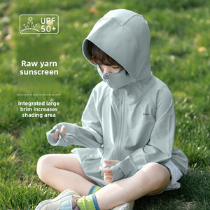 Children's UPF50 sun protection hooded jacket shown from the front