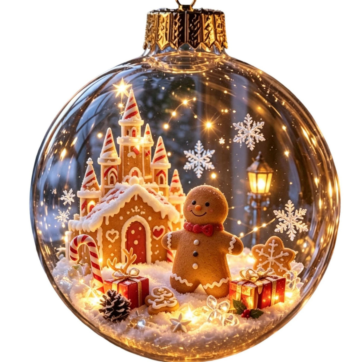Clear Christmas ornament printed with a gingerbread castle and gingerbread man scene