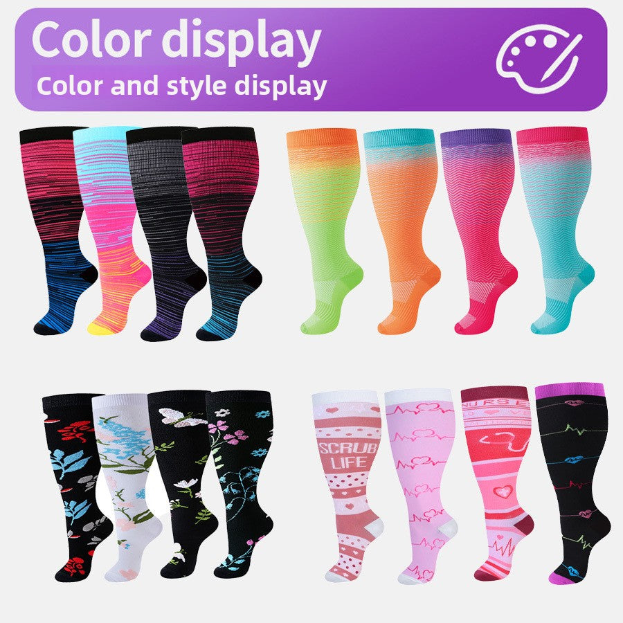 Plus size knee high compression sock shown from the side on a plain studio background