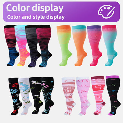 Plus size knee high compression sock shown from the side on a plain studio background