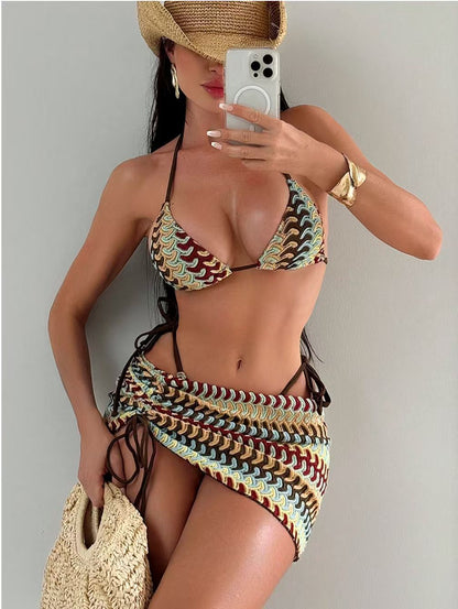 Coffee tone wave knit triangle bikini set with a matching wrap cover up on a model
