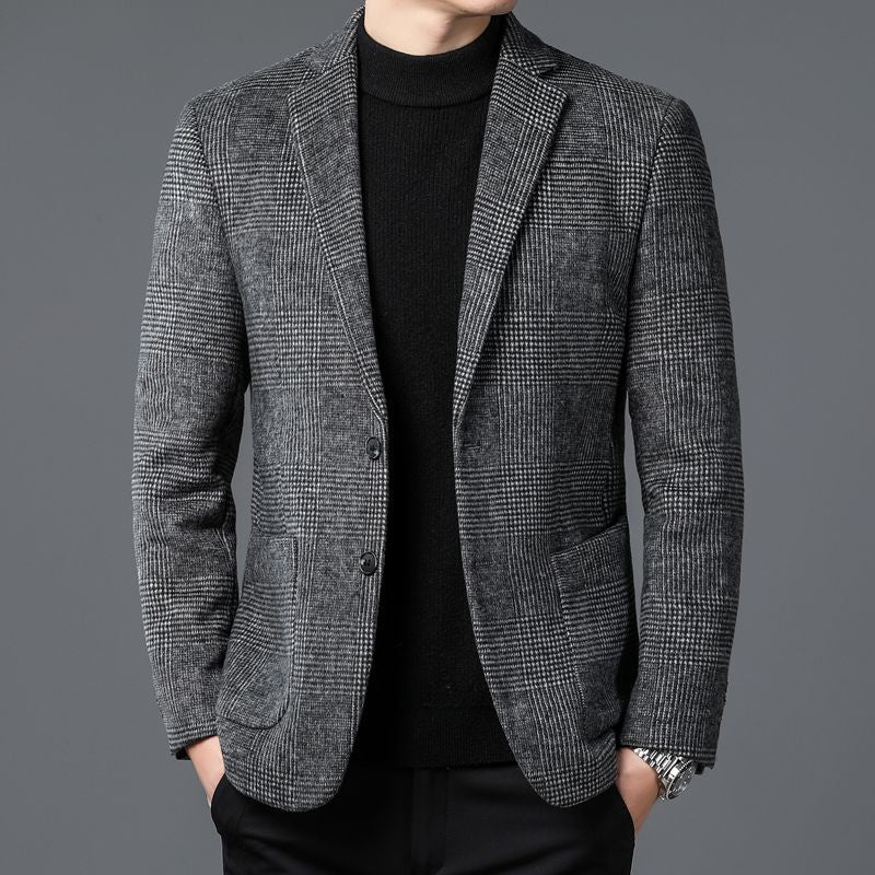 Mens checkered wool blend two button blazer in grey, notch collar detail