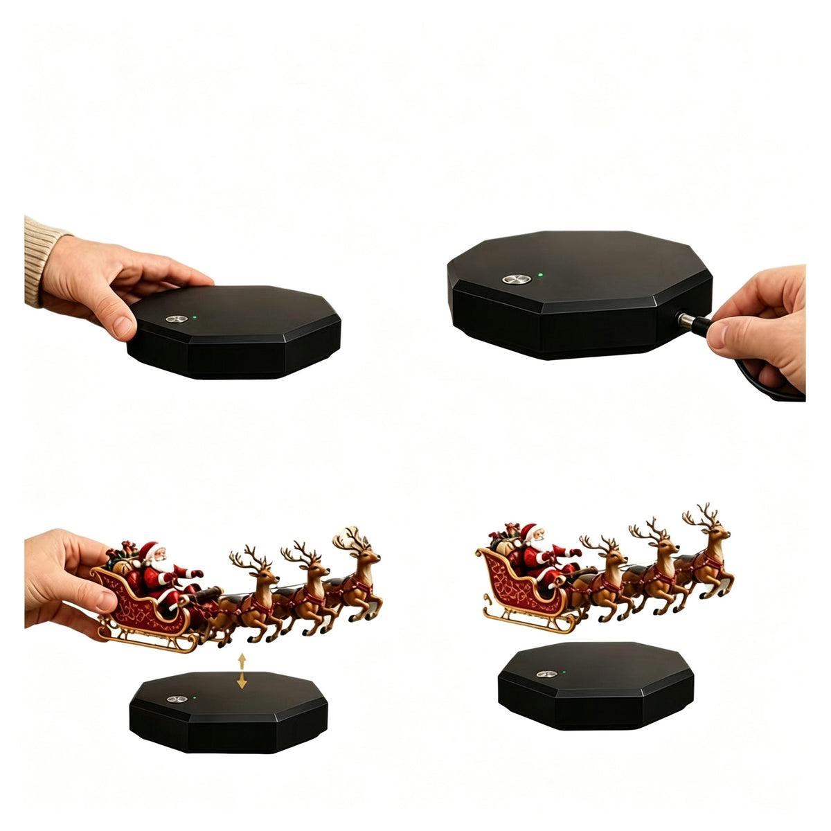 Santa sleigh and reindeer decoration in four views on white, with a hand holding it above a black round base
