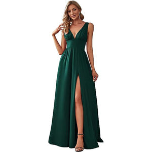 Side profile of the long swing dress showing the full skirt drape