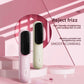 Pink and cream wireless straightening combs with black ceramic teeth on a pink studio display