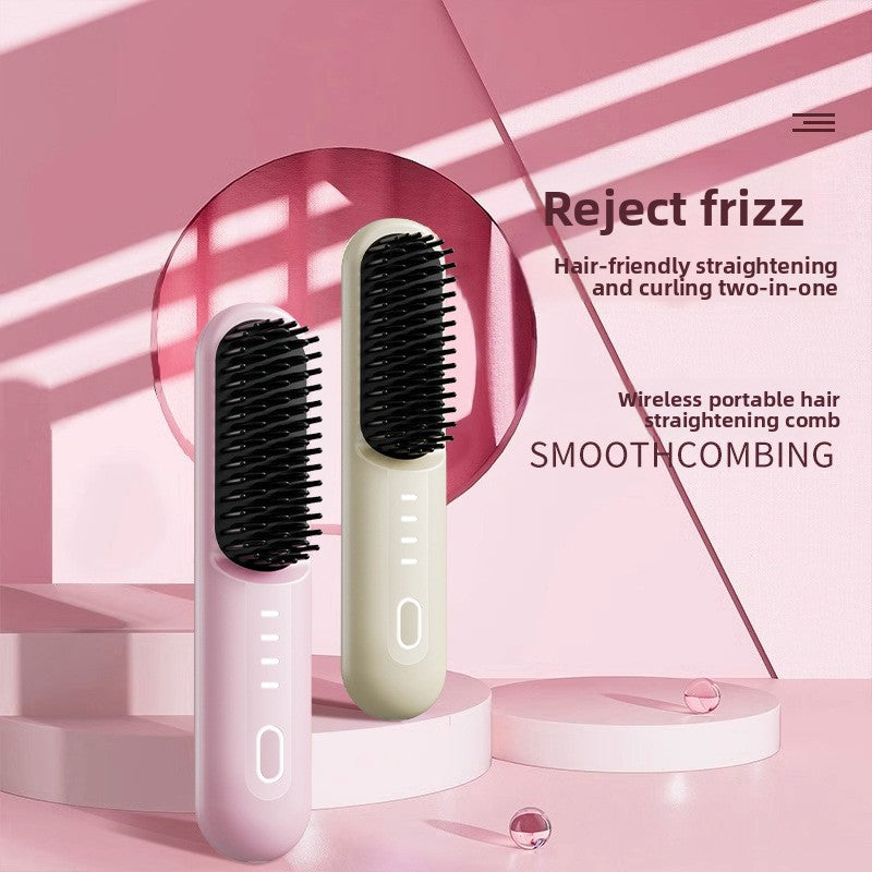 Pink and cream wireless straightening combs with black ceramic teeth on a pink studio display