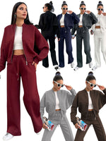 Womens fleece zip jacket and wide-leg pants set shown in seven colors on models