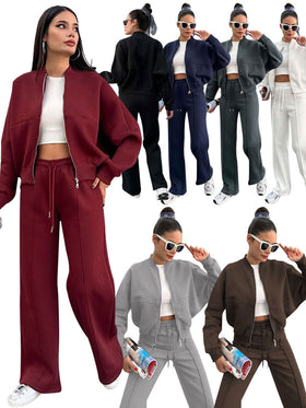 Women's Fleece Lined Zip Jacket and Wide Leg Pants Set