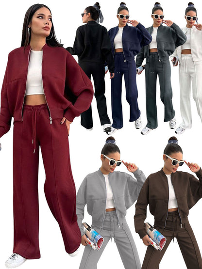 Womens fleece zip jacket and wide-leg pants set shown in seven colors on models