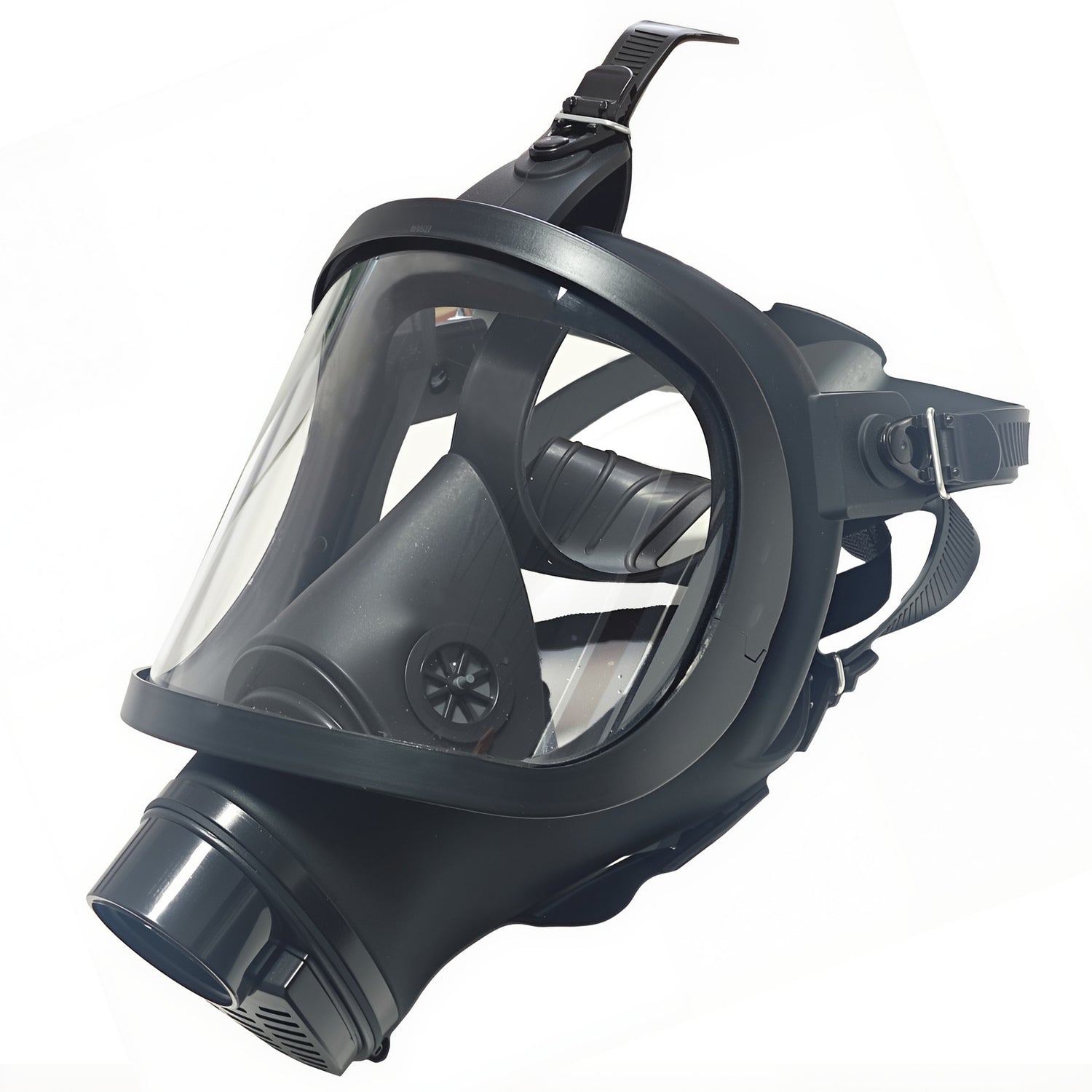 Angled view of the black full face respirator facepiece with panoramic visor and empty 40 mm filter port