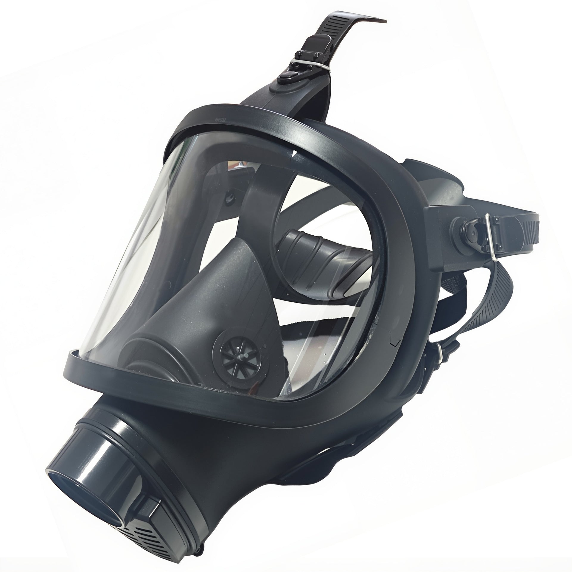 Angled view of the black full face respirator facepiece with panoramic visor and empty 40 mm filter port