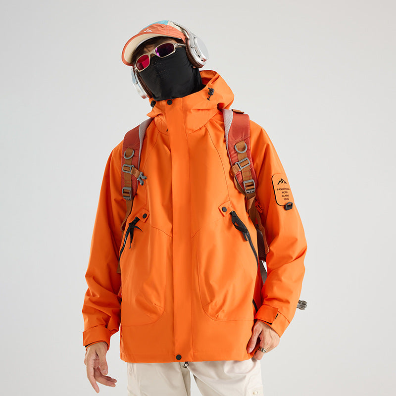 Unisex hooded outdoor shell jacket with detachable fleece liner, full front zip and zip pockets