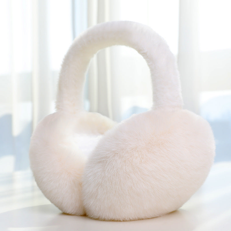 White Plush Band foldable plush winter earmuffs, front three quarter view