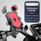 Red four corner phone mount on a scooter handlebar, padded corner cups closed on the frame