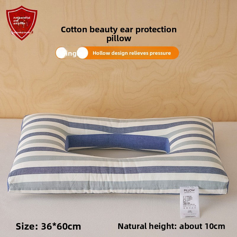 Contoured cotton side sleeper pillow with a hollow ear relief center and neck ridge, blue stripe