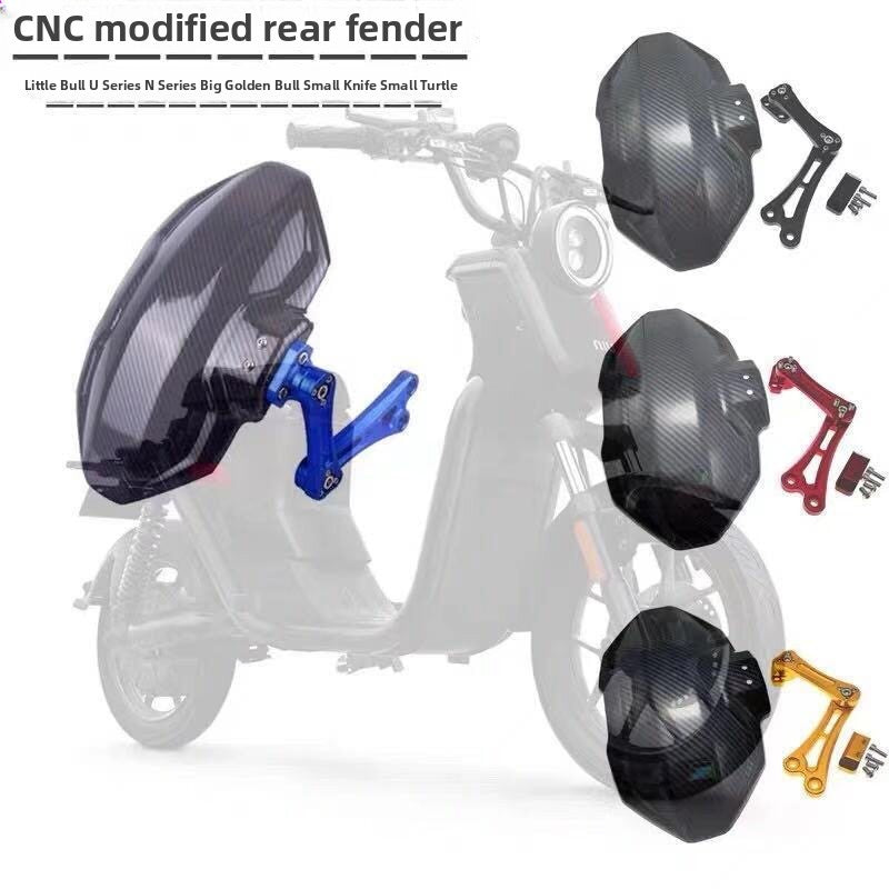 Rear mudguard sets with black, red and gold brackets beside a scooter fitted with a blue bracket fender