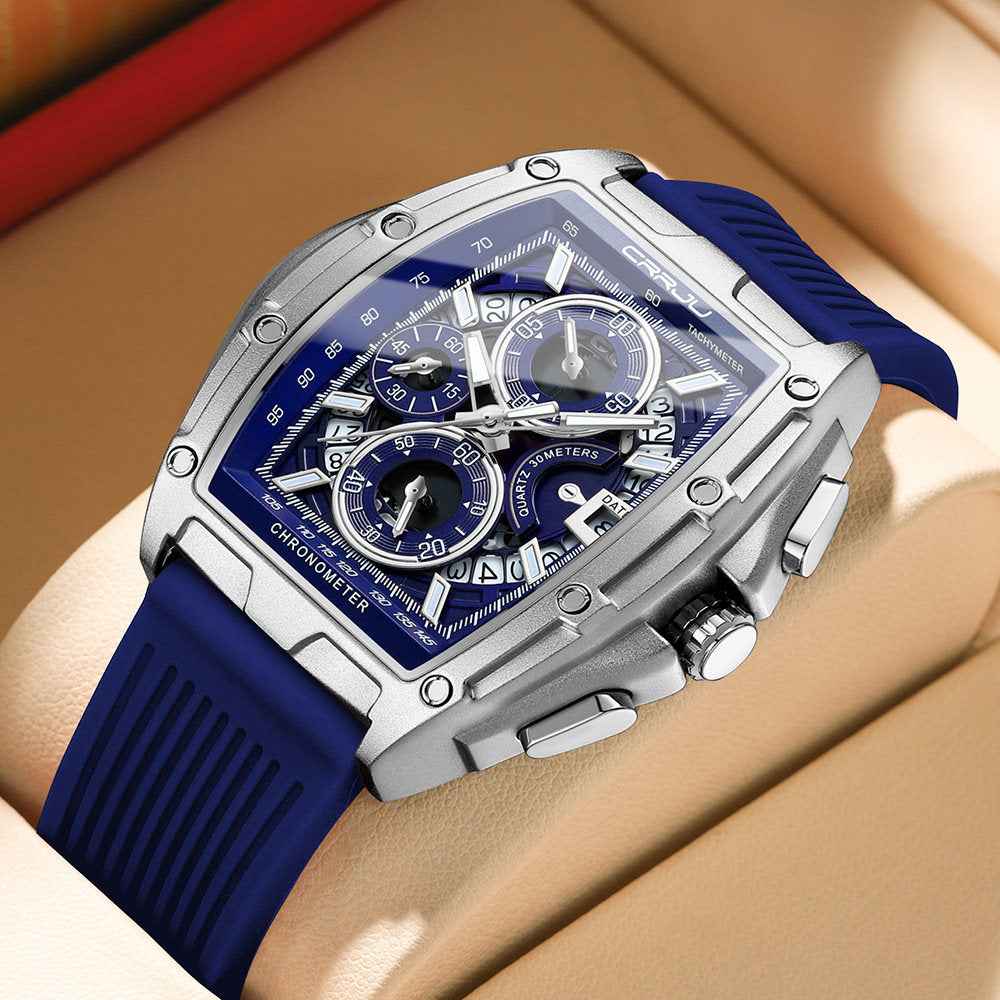 Men's quartz watch with silicone strap and round case front view