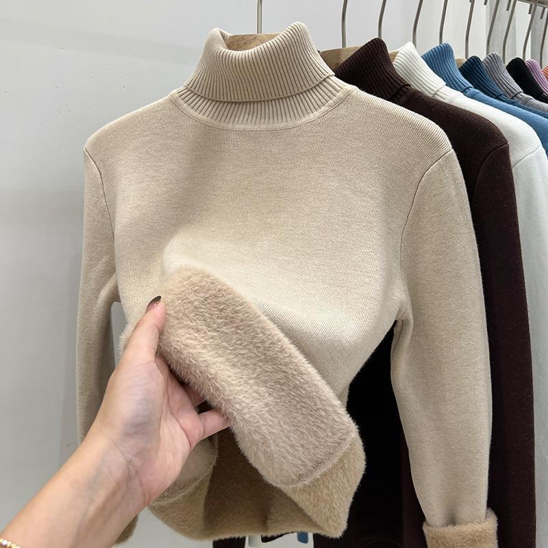 Khaki high collar fleece lined knit sweater, size S option, shown on a hanger