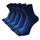 Navy blue five-toe cotton sock laid flat showing the ribbed stay-up cuff