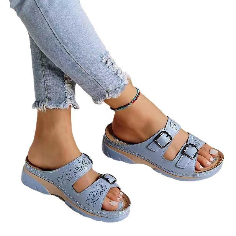 Womens Platform Thick Sole Slippers with Belt Buckle Round Toe