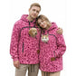 Couple in bright pink heart outline fleece hoodies, a puppy and a cat in the chest pouches, size S option