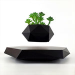 Black faceted pot with a green artificial succulent floating above a levitation base on white
