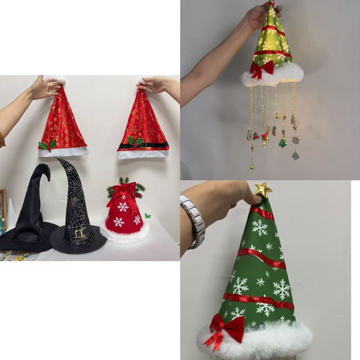 Collage of festive and witch hats held in hand, with a green tree hat and a red hat with hanging charms