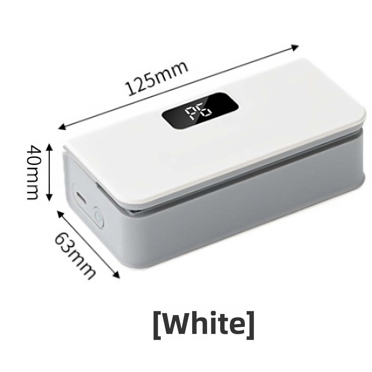 White mini heat sealer with a digital display and its 125 x 63 x 40 mm dimensions shown, White variant