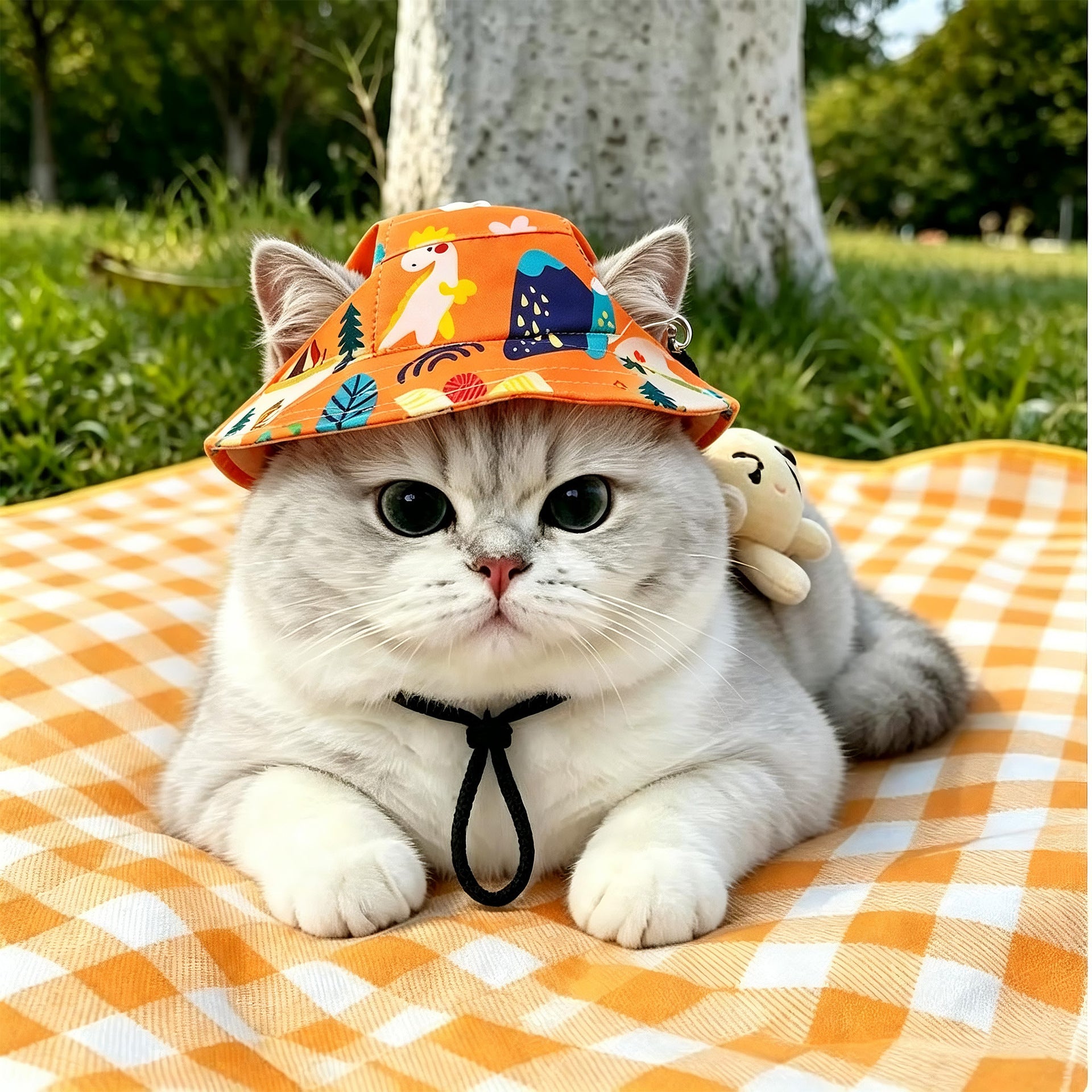 Pet bucket sun hat with ear holes and chin cord in an orange dinosaur print