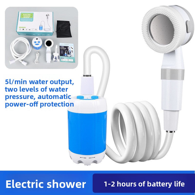 Full portable shower kit with pump, coiled hose, head, USB cable and boxed accessories