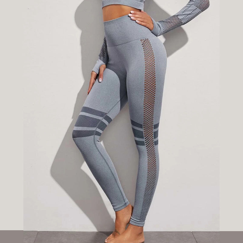 High-waisted hollow mesh yoga pants front view on plain background