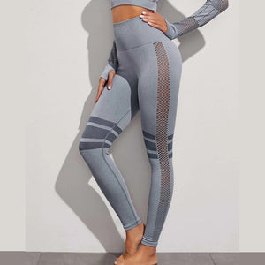 High-waisted hollow mesh yoga pants front view on plain background
