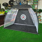 Folded golf practice net bundled compact for storage and transport
