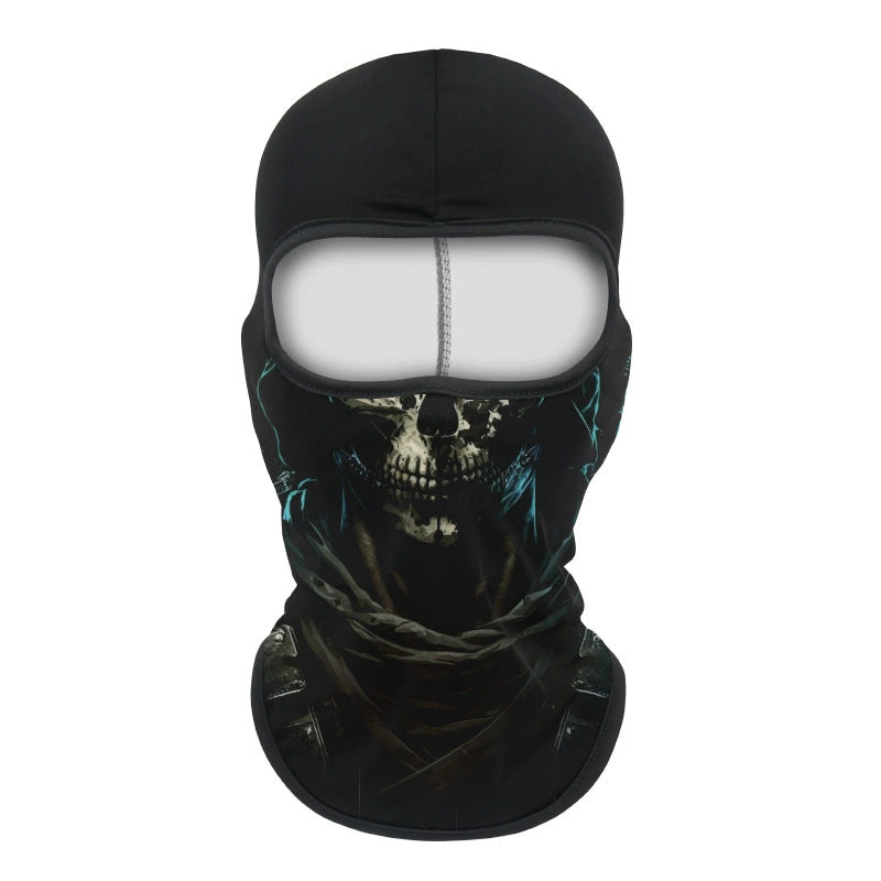 Cycling Mask option: black balaclava style face cover with a skull print on a white background