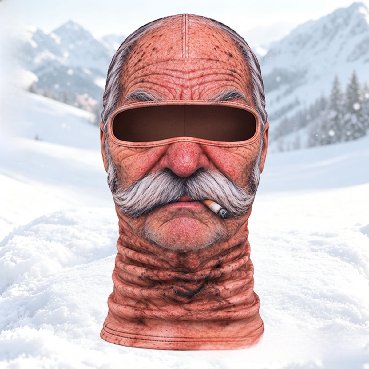 Printed elder face balaclava Elder3 with bald crown, grey moustache and cigarette on a snowy backdrop