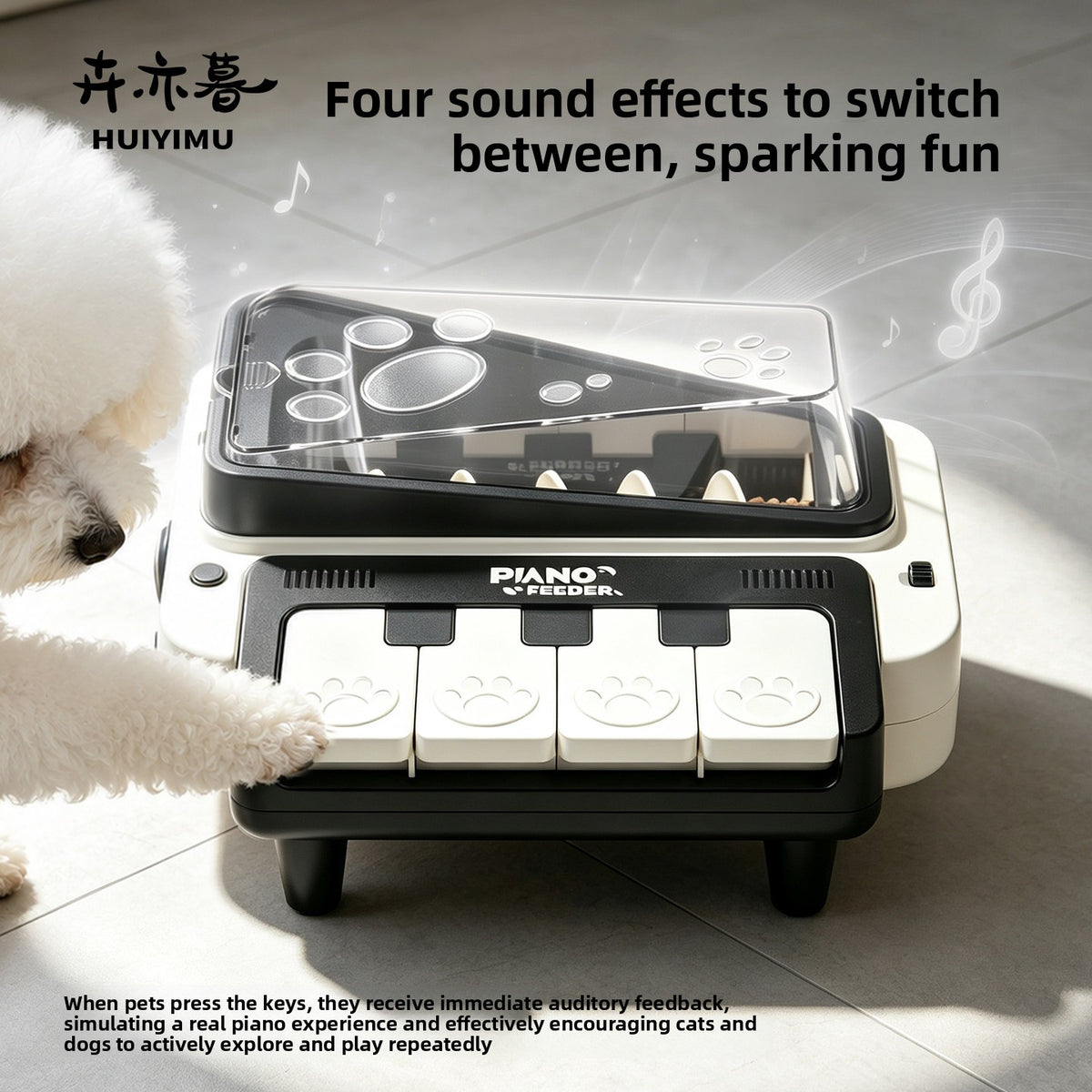 White poodle pressing a paw print key on the piano treat dispensing toy, with text about four sound effects
