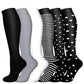 Pair of knee high compression running socks showing calf length and sole grip