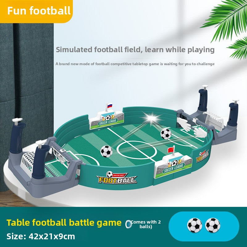 Green desktop football battle game with two balls, size 42 by 21 by 9 cm, on a shelf