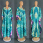 Teal and green tie dye satin caftan gown displayed on a mannequin, three views